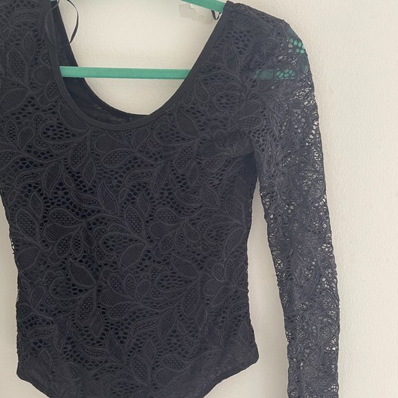 Sheer Floral Long Sleeve Bodysuit, BLACK, S - Picture 2 of 3